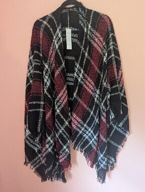 Cozy Plaid Open-Front Women's Sweater Poncho - Black & Burgundy